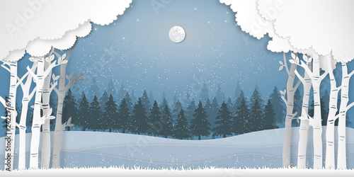 Paper art , cut and digital craft style of the pine forest in the winter season with trees and snow  as Nature and Happy New Year concept. vector illustration.