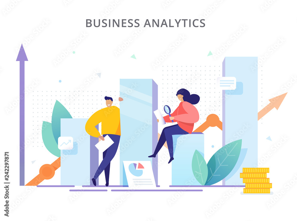 People are near the graphs and analyze company performance. Creative concept of strategy, successful result and profit growth. Business Analytics - vector illustration.