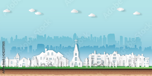 Paper art , cut and craft style of landscape of peoples exercise and relax in the morning city on summer, fresh air in the park as quality of life and healthy concept. vector illustration