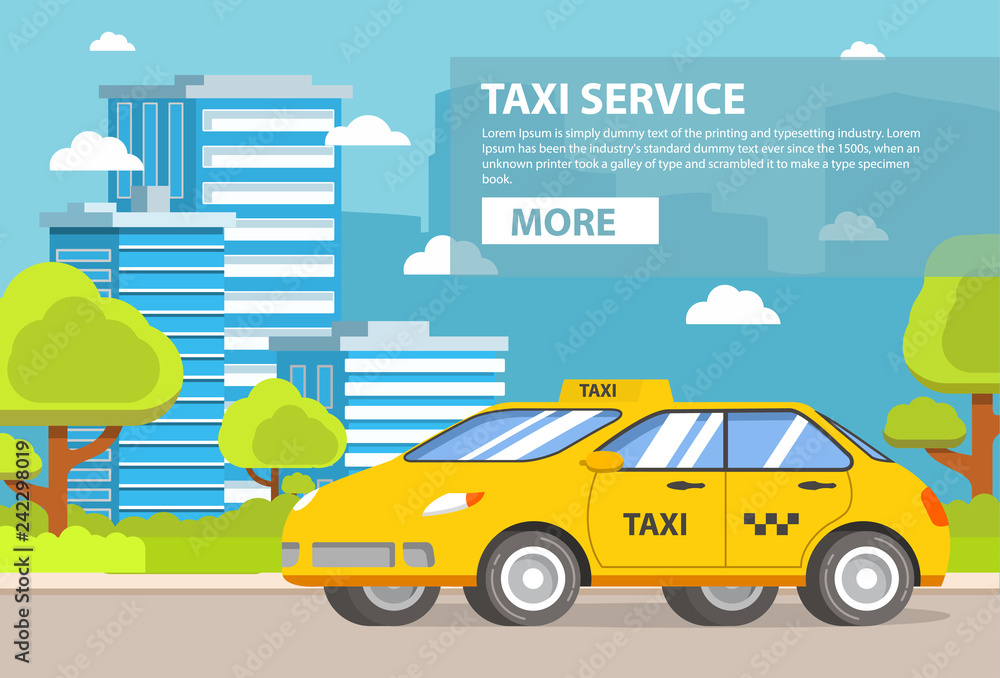 Naklejka premium Yellow taxi service.City Building of a tower skyscrapers. Flat vector. Banner concept.Car cab.