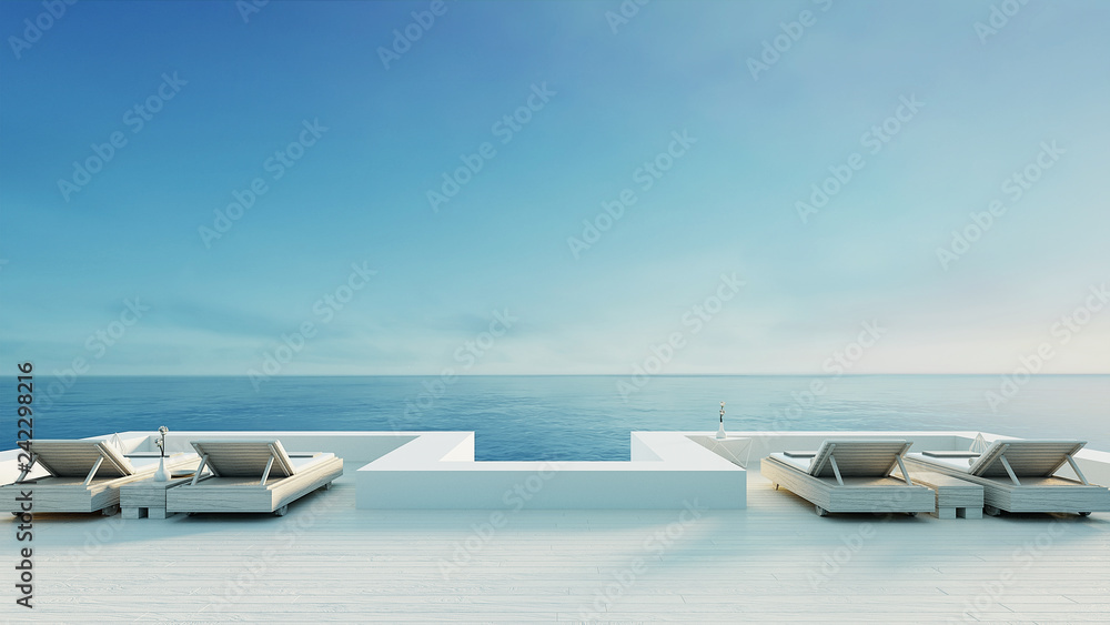 Beach lounge - ocean villa seaside & sea view for vacation and summer / 3d render outdoor