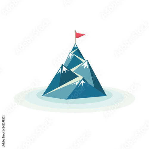 Flag on the mountain peak. Way to successful Business. Vector illustration