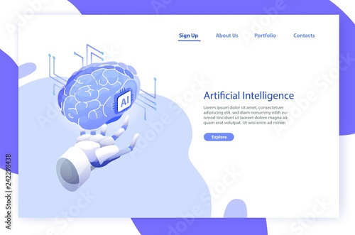 Web banner template with robotic hand holding brain and place for text. Artificial intelligence, smart robot, science and innovative technology, hi tech innovation. Modern vector illustration.