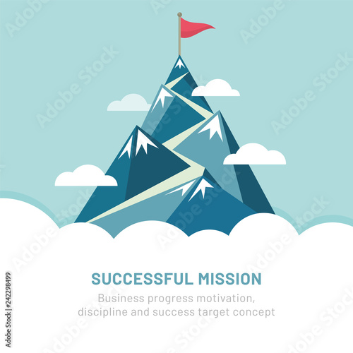 Flag on the mountain peak. Way to successful Business. Vector illustration