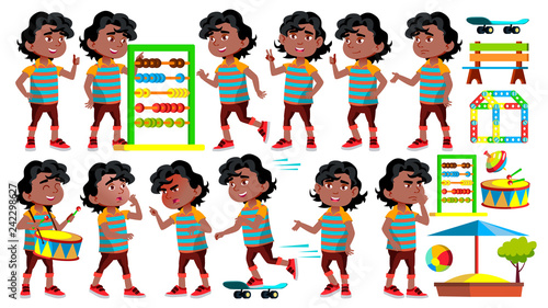 Black, Afro American Boy Kindergarten Kid Poses Set Vector. Happy Children Character. Babysitting. For Advertisement, Greeting, Announcement Design. Isolated Cartoon Illustration