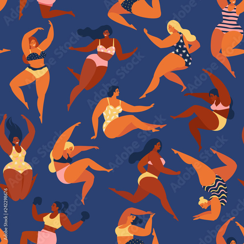 Trendy pattern with girls in summer swimsuits. Body positive. Vector seamless pattern.