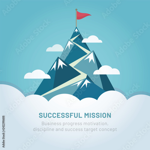 Flag on the mountain peak. Way to successful Business. Vector illustration