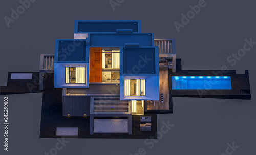 3d rendering of modern cozy house by the river with garage for sale or rent. Cool evening with soft light from window. Isolated on gray. photo