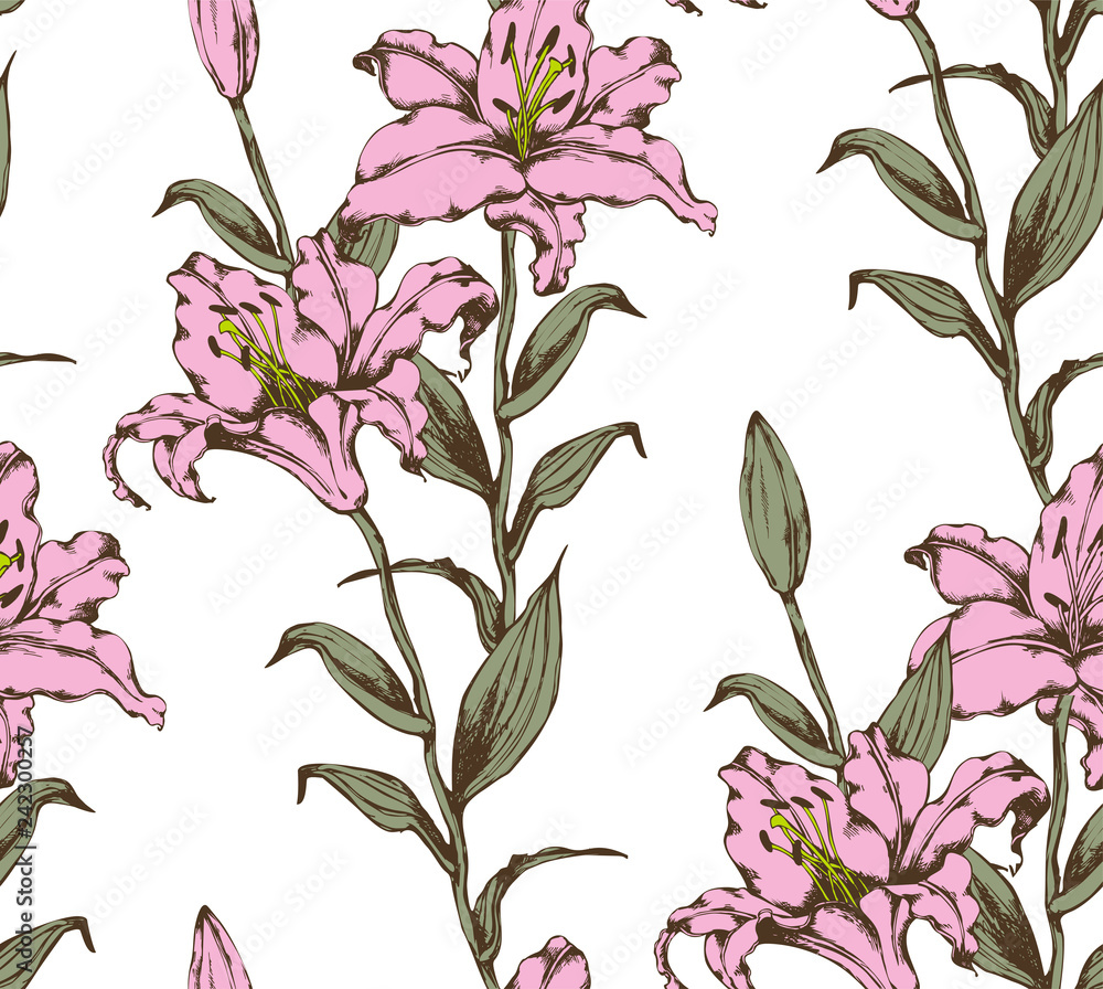 Pattern of lily. Vector illustration. Suitable for fabric, wrapping paper and the like