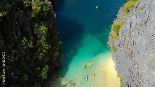canoe in lagoon in aerial view in philippines