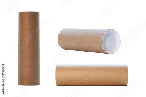 Cylindrical paper box for putting tennis balls or battling balls isolated on white background.