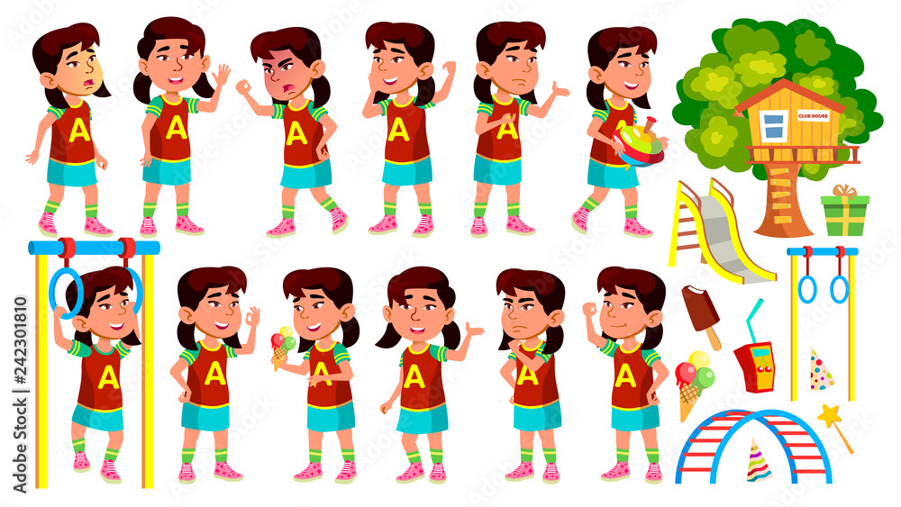 Asian Girl Kindergarten Kid Poses Set Vector. Preschool. Young Person. Cheerful. Playground. For Web, Brochure, Poster Design. Isolated Cartoon Illustration Asian Girl Kindergarten Kid Poses Set Vector. Preschool. Young Person. Cheerful. Playground. For Web, Brochure, Poster Design. Isolated Cartoon Illustration