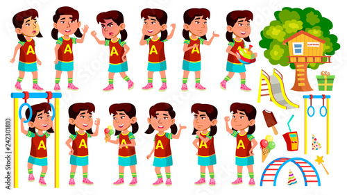 Asian Girl Kindergarten Kid Poses Set Vector. Preschool. Young Person. Cheerful. Playground. For Web  Brochure  Poster Design. Isolated Cartoon Illustration