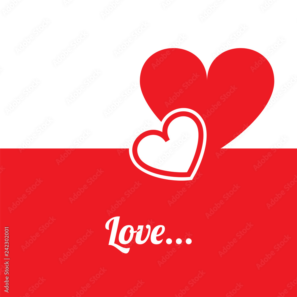 Vector illustration two hearts, red and white background and word Love. Subject of love, love, engagement, wedding and happy family life Vector illustration two hearts, red and white background and word Love. Subject of love, love, engagement, wedding and happy family life