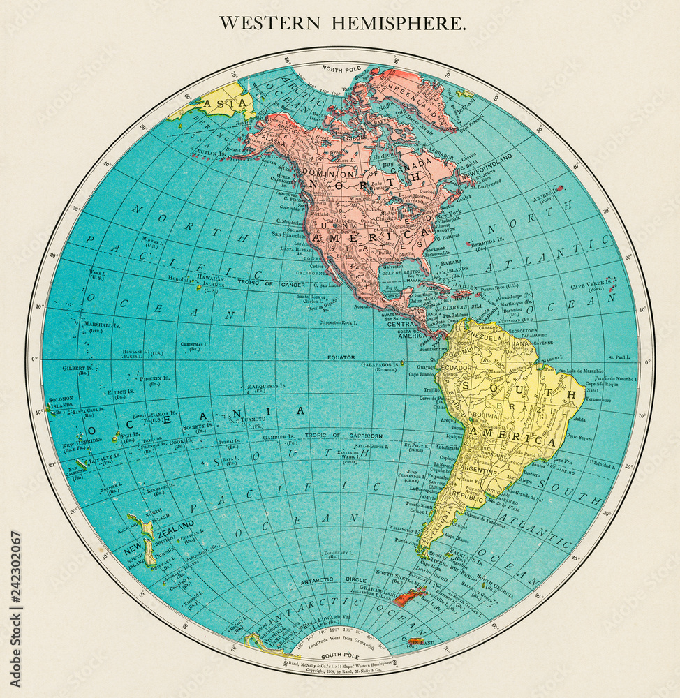 Obraz premium Western Hemisphere, World Atlas by Rand, McNally and Co. 1908