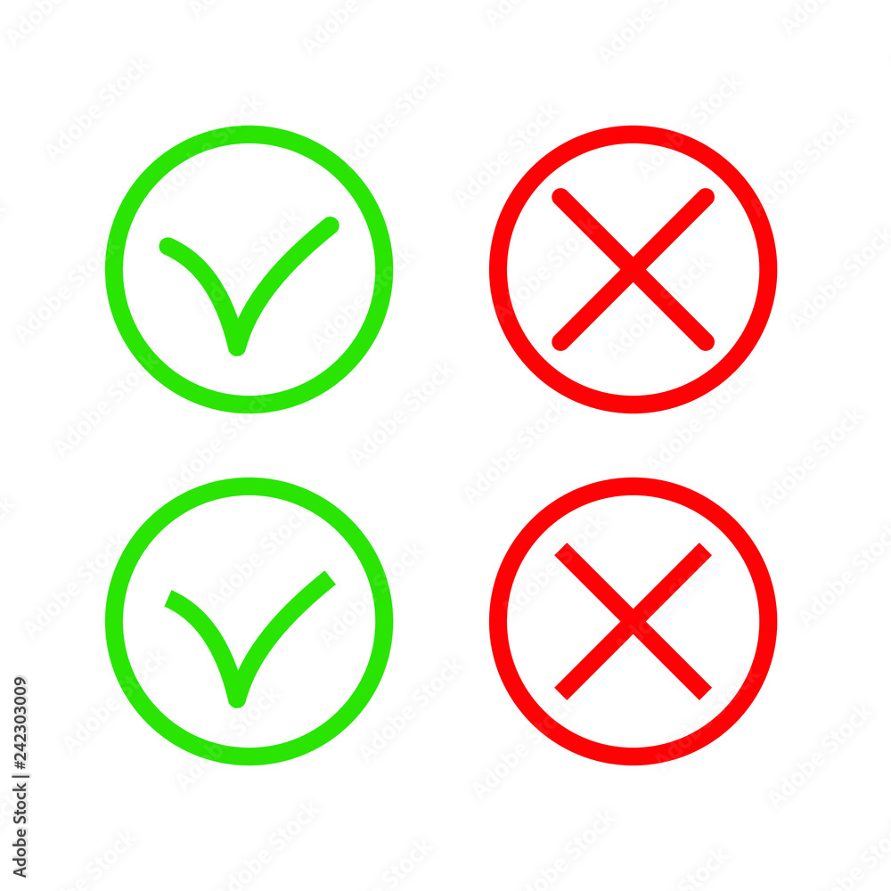 Green Check Mark and Red Cross in two variants (square and rounded corners) - thin line isolated vector illustration Green Check Mark and Red Cross in two variants (square and rounded corners) - thin line isolated vector illustration