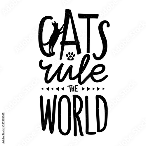 Vector illustration with cat silhouette, little kitty paw with heart and lettering quote - Cats rule the world. Funny typography poster with domestic animal