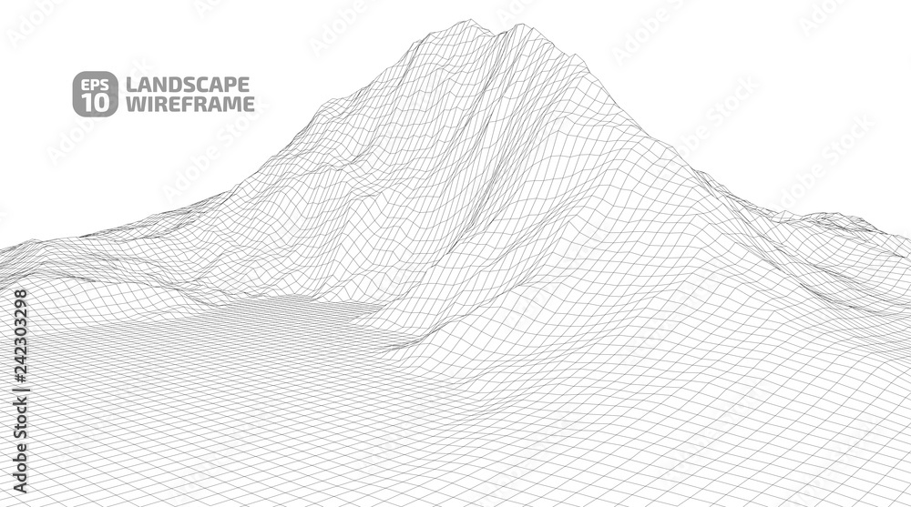 Abstract wireframe background. 3D grid technology illustration landscape. Digital Terrain Cyberspace in the Mountains with valleys. Data Array. | EPS10 Vector.