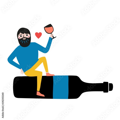 Vector illustration with bearded man sitting on the black bottle of wine and holding glass with red liquid
