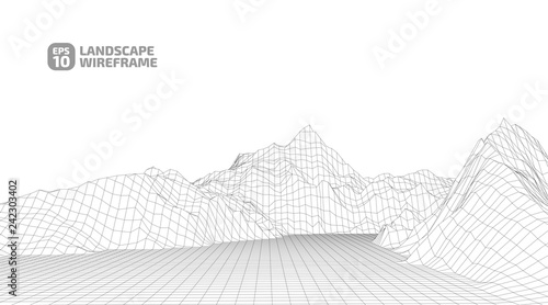 Abstract wireframe background. 3D grid technology illustration landscape. Digital Terrain Cyberspace in the Mountains with valleys. Data Array. | EPS10 Vector.