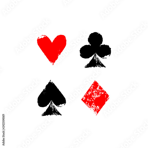Playing cards different suits - hearts, diamonds, spades and clubs - grunge sponge prints, vector