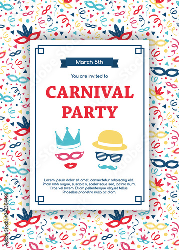 Concept of Carnaval Party invitation with decorative pattern. Vector