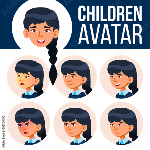 Asian Girl Avatar Set Kid Vector. Primary School. Face Emotions. User, Character. Kids, Positive. Comic, Web. Cartoon Head Illustration