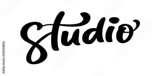 Vector hand drawn lettering word Studio. Elegant modern handwritten calligraphy quote on English. Ink illustration. Typography poster on white background. For cards, invitations, prints etc