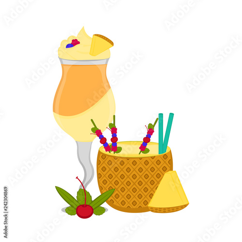 Isolated pina colada cocktails in a pineapple and glass. Vector illustration design