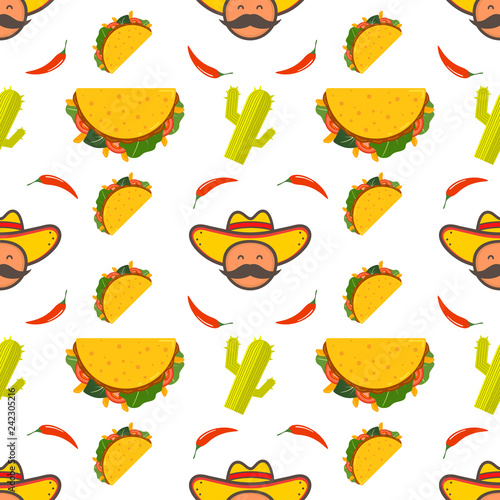 Traditional mexican taco. Taco logo for restaurant or cafe design. Mexican food. Vector illustration seamless pattern.