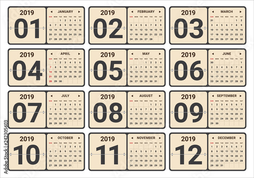 Year 2019 monthly calendar vector illustration