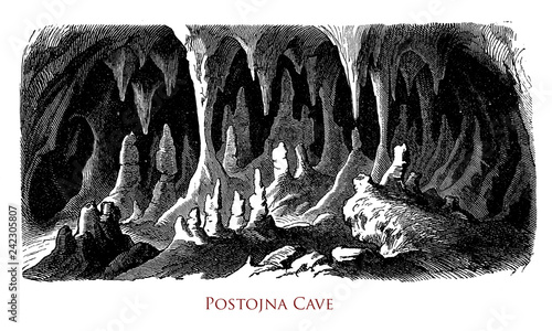 Leinwand Poster Vintage engraving of Slovenian Postojna cave, long karst cavern created by the Pivka River