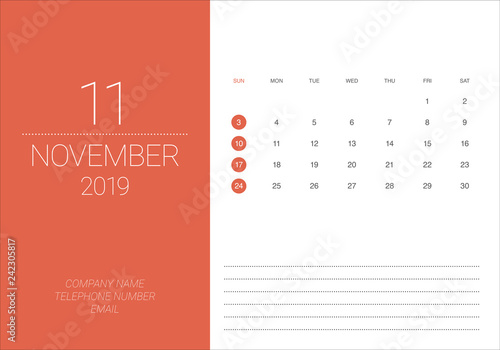 November 2019 desk calendar vector illustration