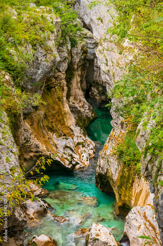 Scenic view of Great Canyon of Soca river near Bovec  Slovenia at summer day