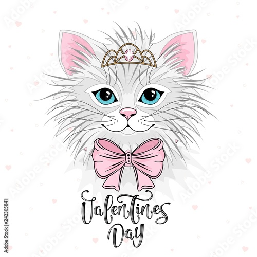 Cute festive cat with romantic inscription. Vector illustration.