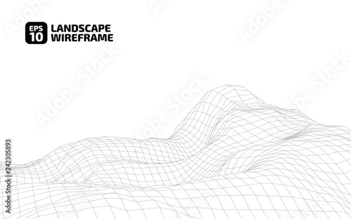 Abstract wireframe background. 3D grid technology illustration landscape. Digital Terrain Cyberspace in the Mountains with valleys. Data Array. | EPS10 Vector.