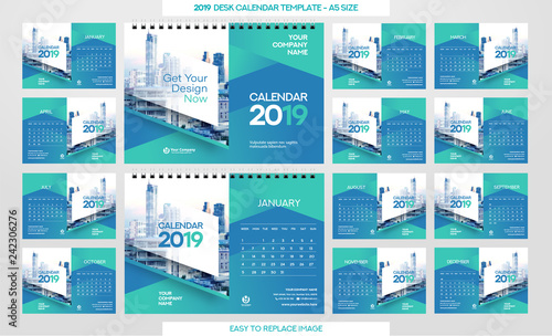 Desk Calendar 2019 template - 12 months included - A5 Size