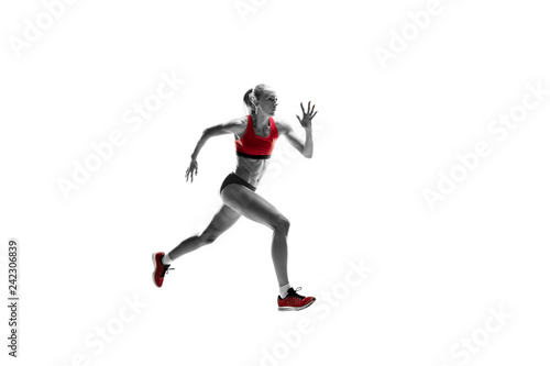 The one caucasian female silhouette of runner running and jumping on white studio background. The sprinter, jogger, exercise, workout, fitness, training, jogging concept. © master1305