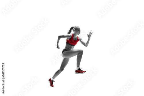 The one caucasian female silhouette of runner running and jumping on white studio background. The sprinter, jogger, exercise, workout, fitness, training, jogging concept.