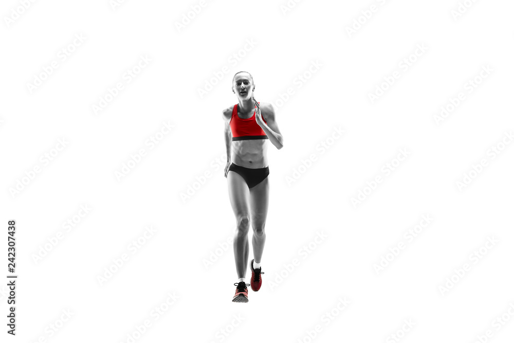 The one caucasian female silhouette of runner running and jumping on white studio background. The sprinter, jogger, exercise, workout, fitness, training, jogging concept. The one caucasian female silhouette of runner running and jumping on white studio background. The sprinter, jogger, exercise, workout, fitness, training, jogging concept.