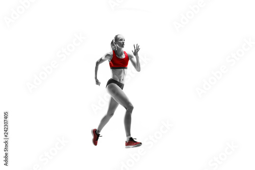 The one caucasian female silhouette of runner running and jumping on white studio background. The sprinter, jogger, exercise, workout, fitness, training, jogging concept.