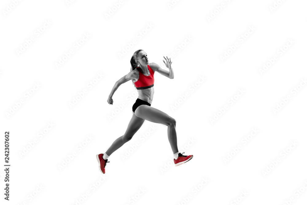 The one caucasian female silhouette of runner running and jumping on white studio background. The sprinter, jogger, exercise, workout, fitness, training, jogging concept.