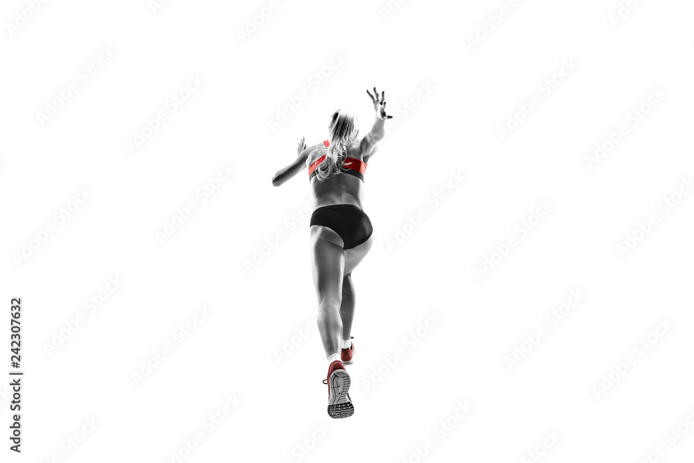 The one caucasian female silhouette of runner running and jumping on white studio background. The sprinter, jogger, exercise, workout, fitness, training, jogging concept. Back view of woman