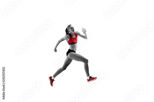 Fototapeta Naklejka Na Ścianę i Meble -  The one caucasian female silhouette of runner running and jumping on white studio background. The sprinter, jogger, exercise, workout, fitness, training, jogging concept.