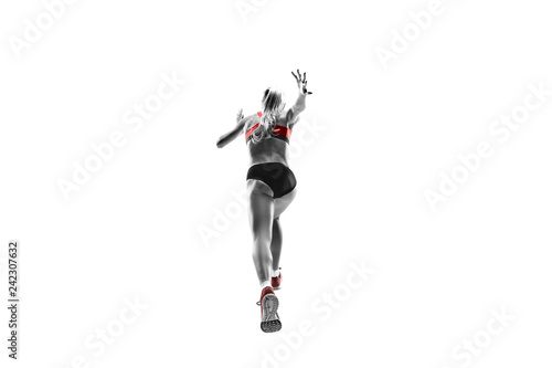 The one caucasian female silhouette of runner running and jumping on white studio background. The sprinter, jogger, exercise, workout, fitness, training, jogging concept. Back view of woman