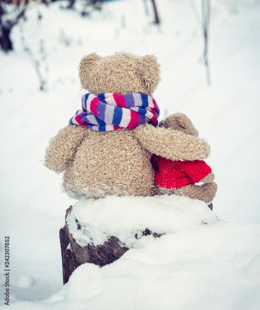 two teddy brown bears sit hugging on stump and look into the distance two teddy brown bears sit hugging on stump and look into the distance