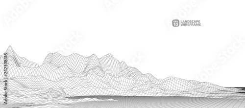 Abstract wireframe background. 3D grid technology illustration landscape. Digital Terrain Cyberspace in the Mountains with valleys. Data Array. | EPS10 Vector.