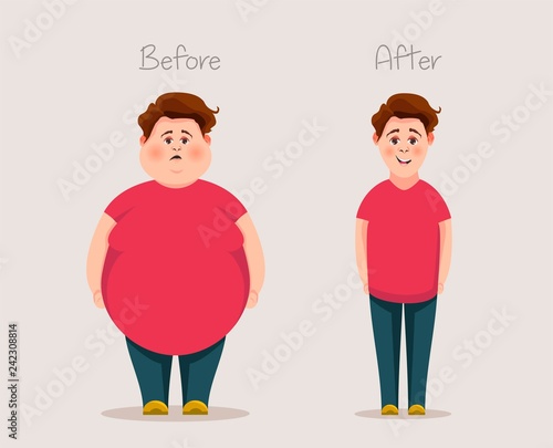 Fat and skinny guys. Concept of weight. Before and after. Vector illustration.