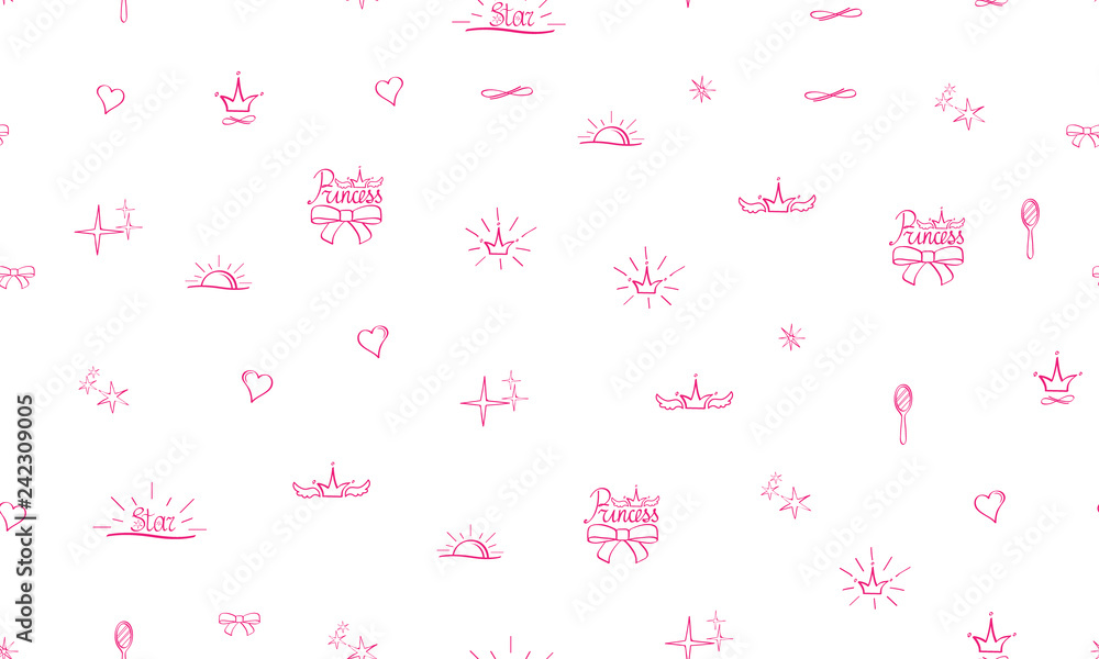 Seamless pattern Little Princess. Pink sketch, cute doodle baby elements. Princess concept. Childish background. Hand drown design for girl. Crown heart mirror sun stars princess. Vector illustration Seamless pattern Little Princess. Pink sketch, cute doodle baby elements. Princess concept. Childish background. Hand drown design for girl. Crown heart mirror sun stars princess. Vector illustration