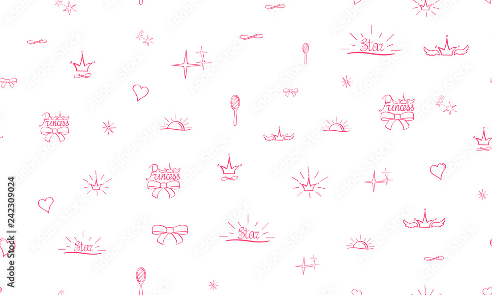 Seamless pattern Little Princess. Pink sketch, cute doodle baby ...